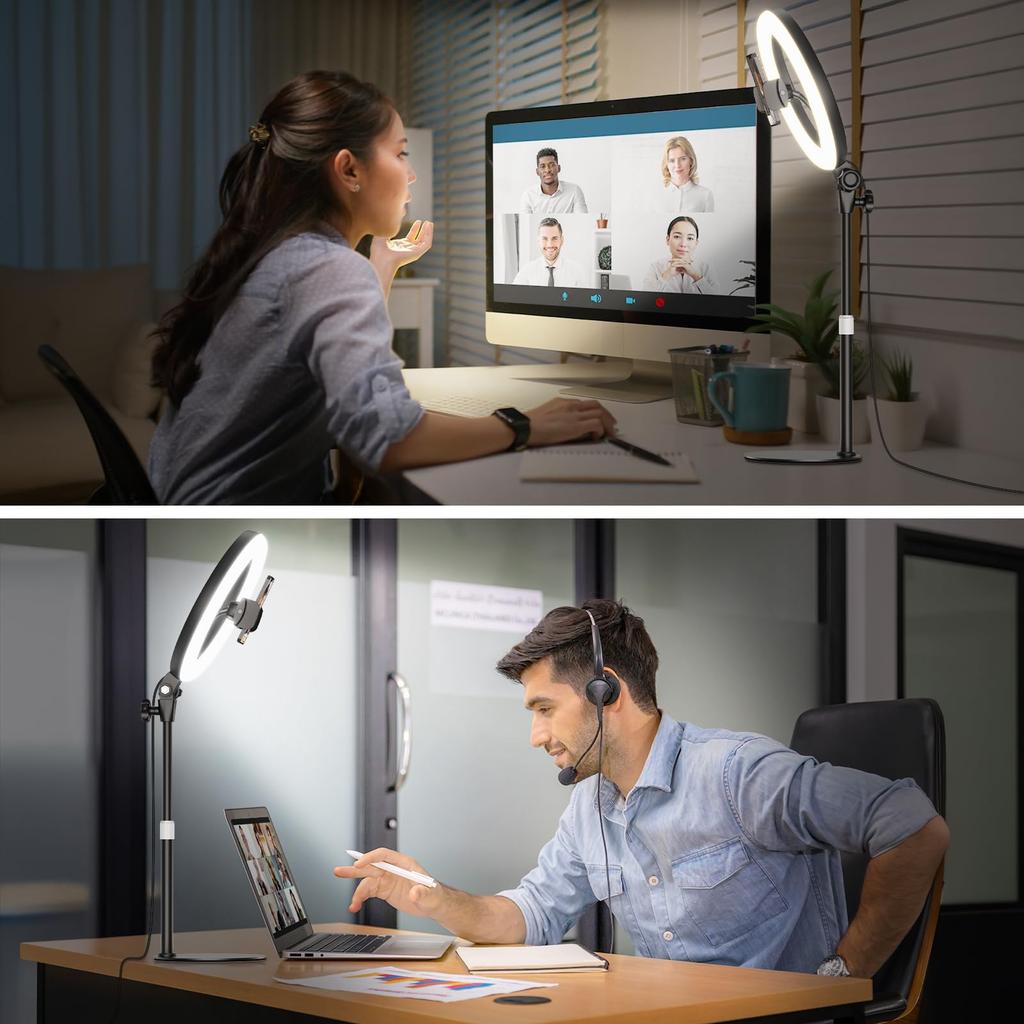 Ring Light with Tabletop Adjustable 3 Color 10 Dimming 1500 USB for and Online Classes Stand, Height, Modes, Levels, Lumens, Powered, Lighting,