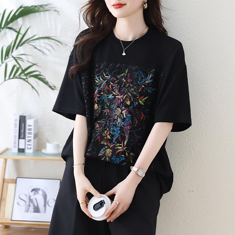 Dimanaf 2025 Summer Plus Size Tops Cotton O-Neck T-Shirt Printing Women Short Sleeve Loose Tees