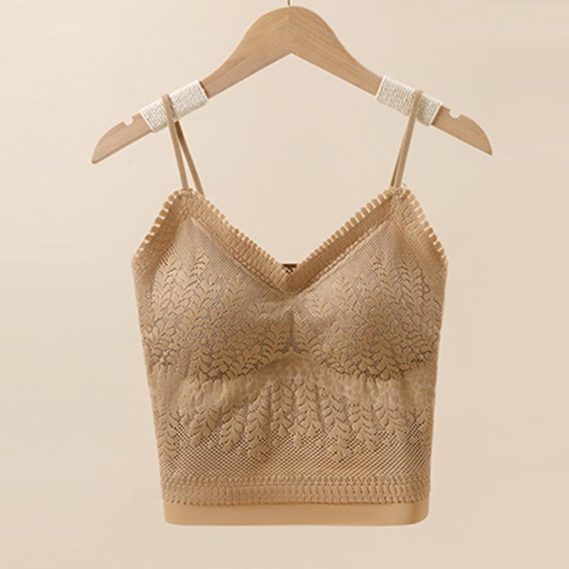 Canottiera da Donna in Pizzo con Scollo a V e Reggiseno Imbottito Integrato, Vestibilità Aderente Senza Schiena, Canottiera Base Anti-sfregamento per l'Uso Quotidiano Estivo