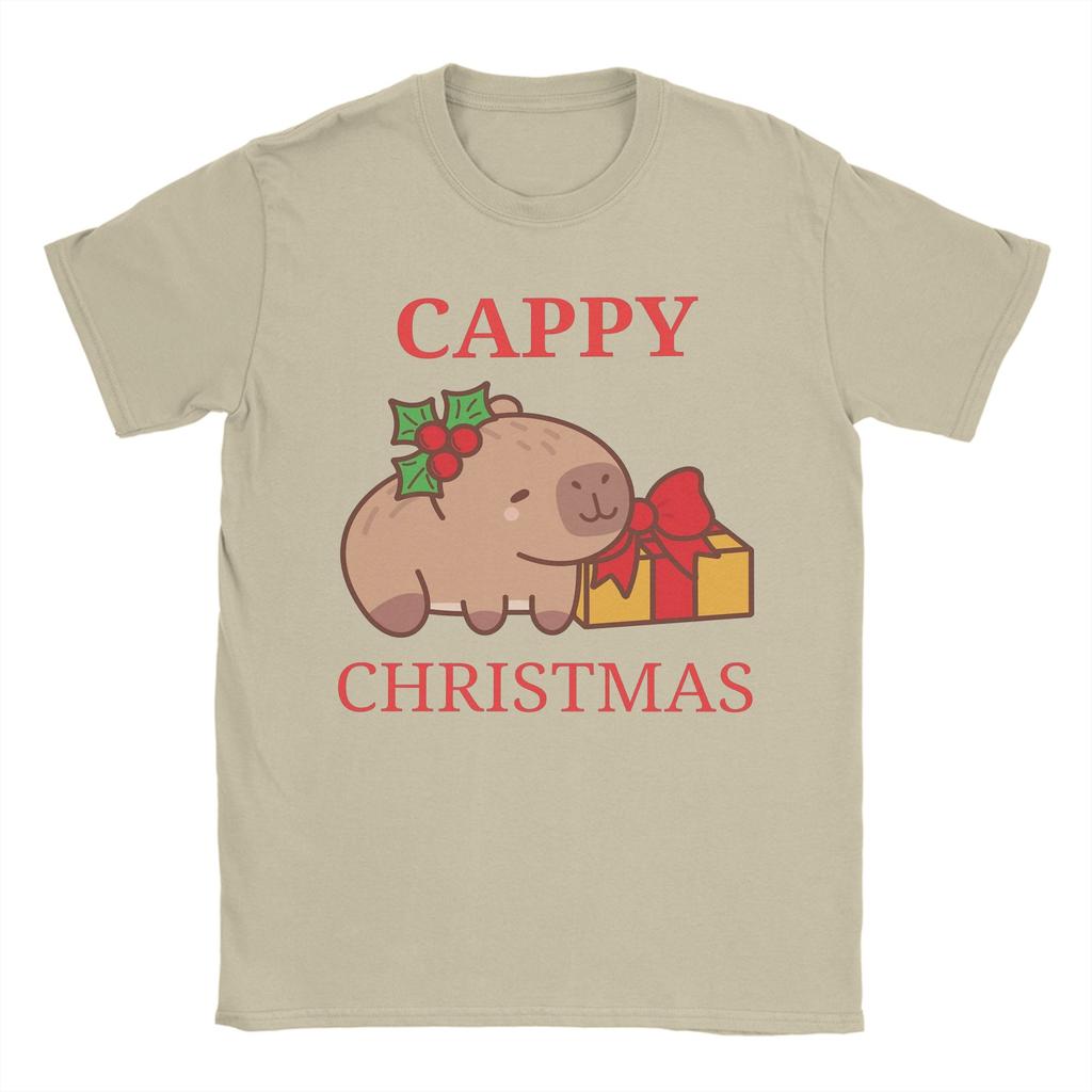 Cappy Christmas Capybara with Present Men's T Shirts Humorous Tees Short Sleeve Crew Neck T-Shirt Pure Cotton Gift Idea Tops
