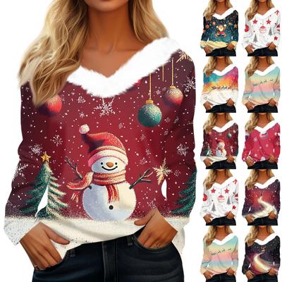 Langarmshirts für Damen, süße Oberteile, Weihnachtsdrucke, T-Shirts, Blusen, lässig, Übergröße, Basic-Oberteile, Pullover