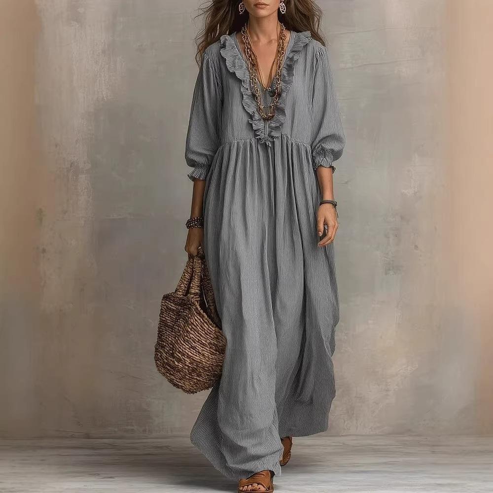 Women's V Neck Three Quarter Sleeve Maxi Dress Loose Fit High Waist Striped Dress With Ruffle Trim Boho Vacation Beach Dress