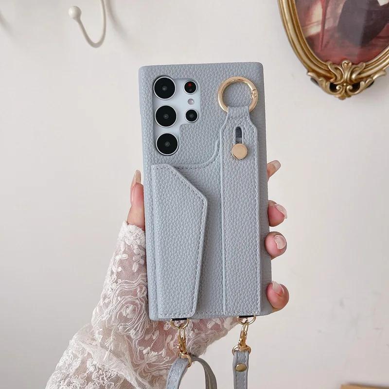 Wrist Strap Crossboby Phone Case for Samsung Galaxy S24 S22 Ultra Plus S23 FE A15 A25 A35 A55 A24 A34 A54 A14 With Card Holder