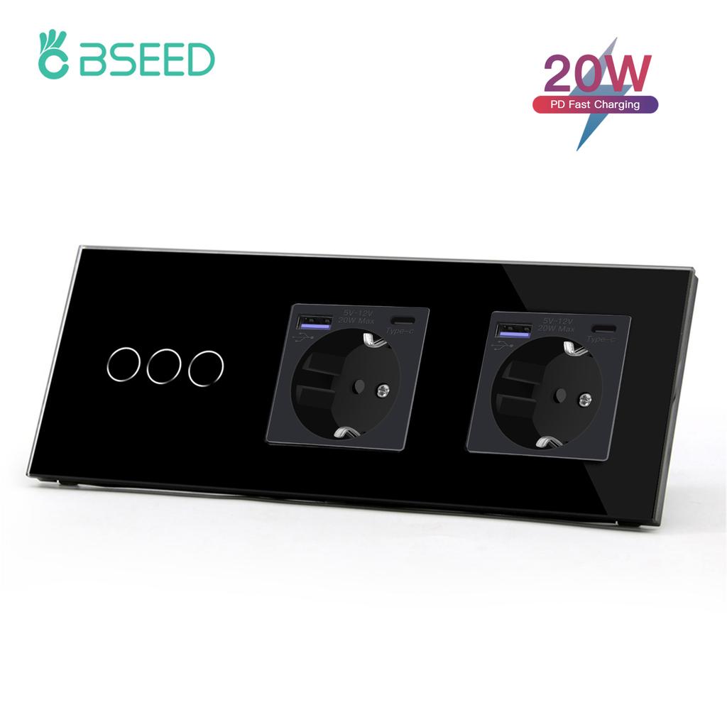 BSEED Touch Switch 1/2/3Gang With Double EU Sockets Fast Charge 20W Power Delivery USB Type-c Wall Socket Blue Backlight
