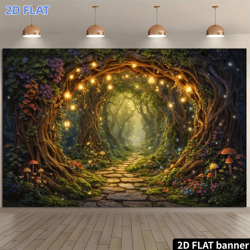 2D Flat Banner, 1 Piece of Magical Forest Themed Backdrop Cloth, Featuring Vine Arches and Pebbleszyc