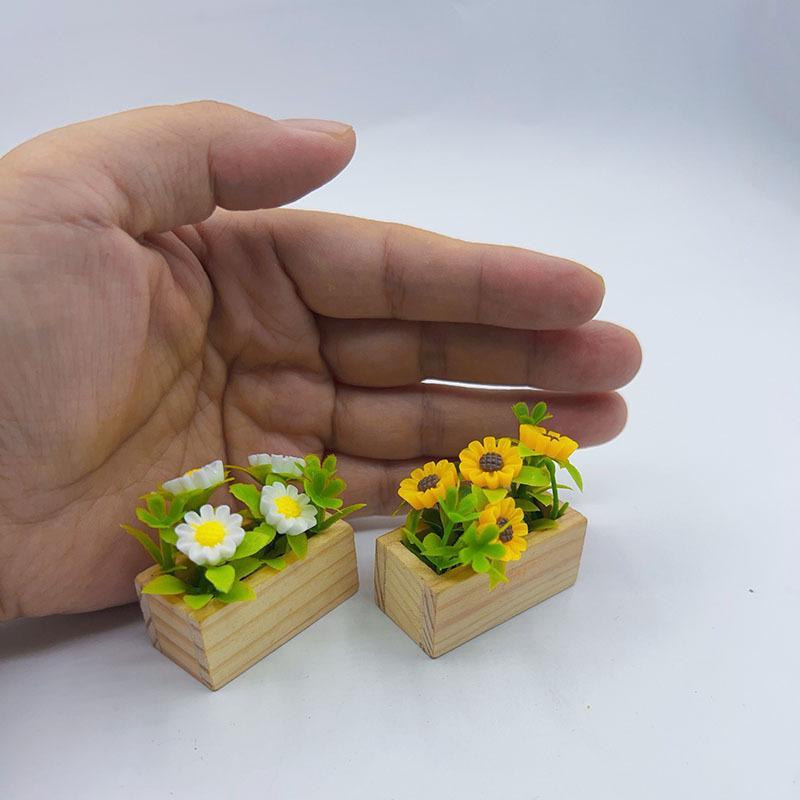 1Pcs Mini Flower Sunflower Wooden Box Potted Dollhouse Simulation Yellow White Floral Green Plant Ornament Miniature Model