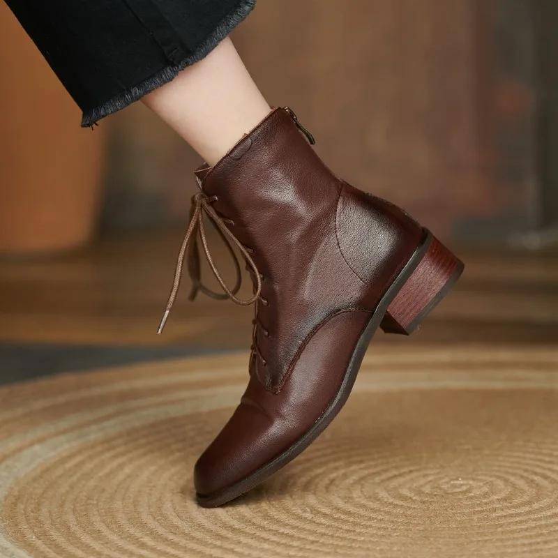 Fashion Autumn New Women's Boot Thick Heel Low Eye Fashion Boots Lacing Up Vintage Short Boots Cowhide Spring And Autumn Single Boots