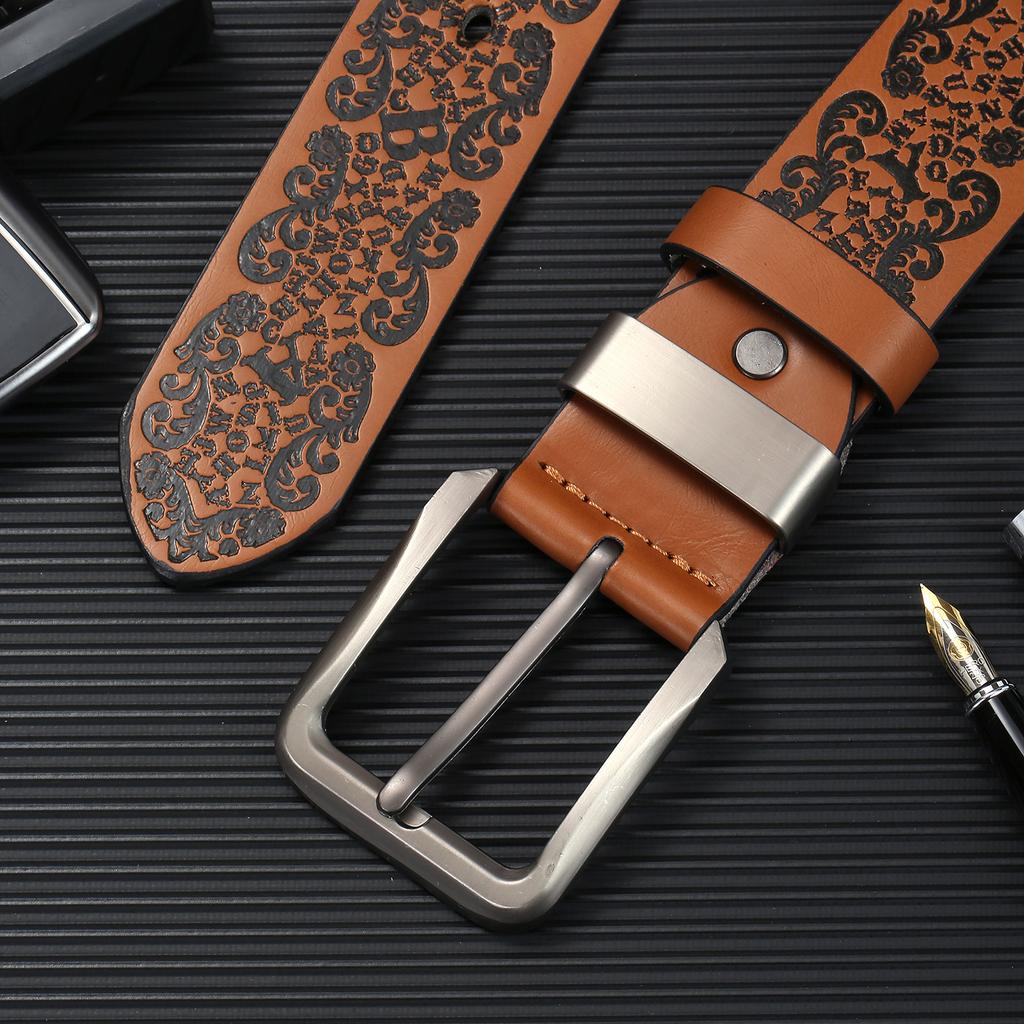 Men'S Embossed Punched Belt, Belt Pu Pin Buckle, Belt Alloy Buckle, All-Season Belt