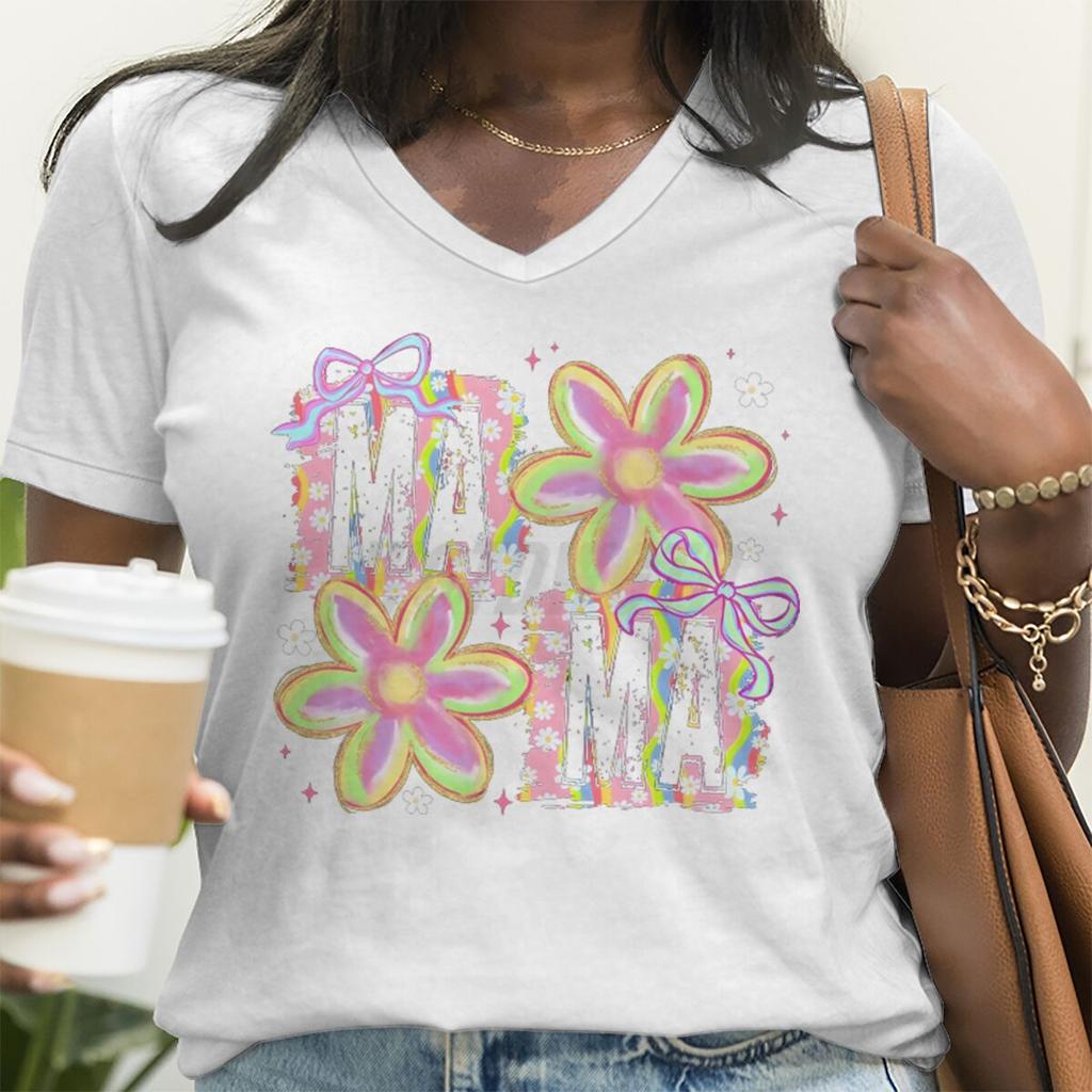 Vintage Flower Mama T-Shirt V-neck Design Funny Gift for Mama Trendy Women Clothing Mother's Day Fashion Tops Soft Tee