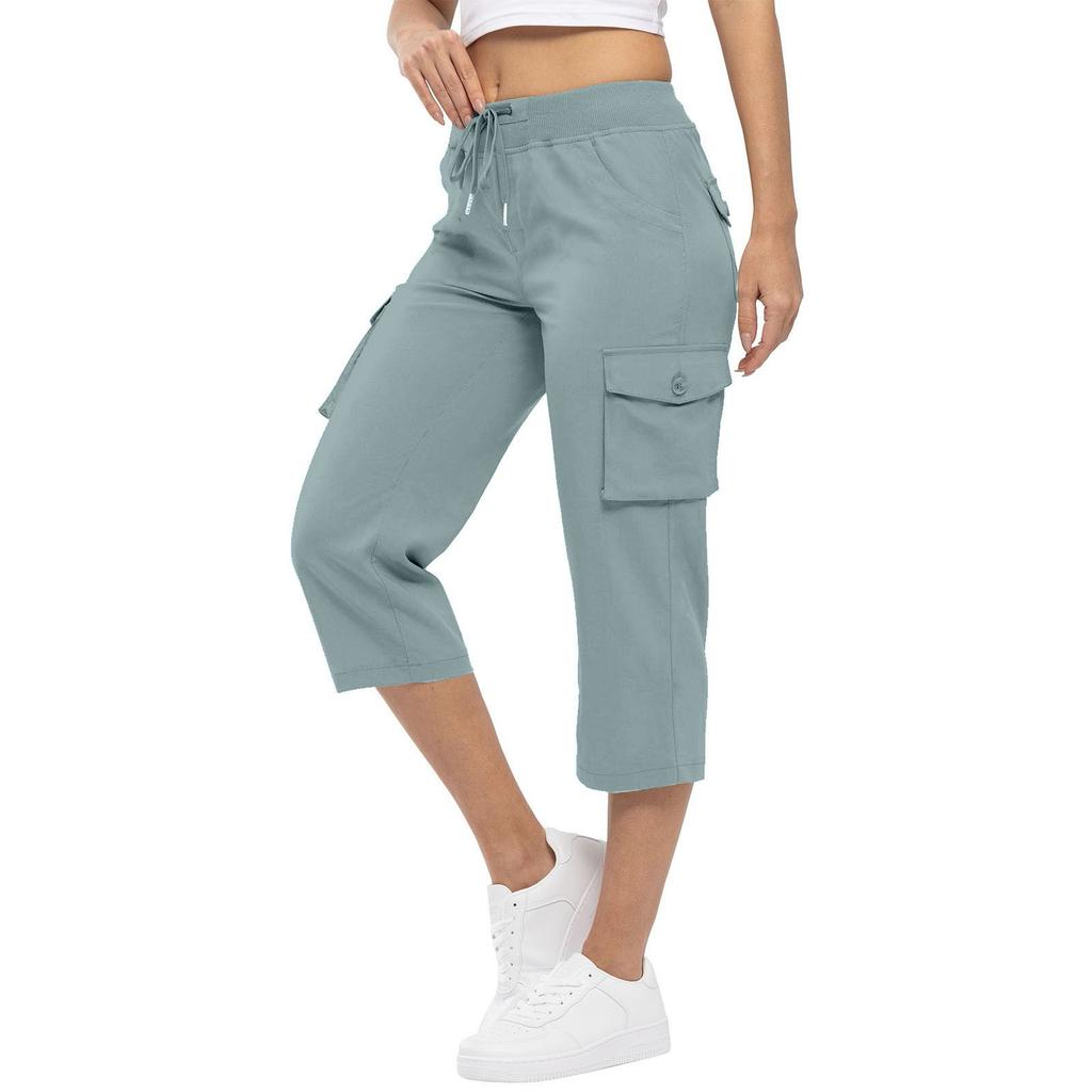 Capris cargo pour femme, coupe décontractée, cordon de serrage à la taille, pantalon cargo d'été décontracté léger 3/4 avec poches.