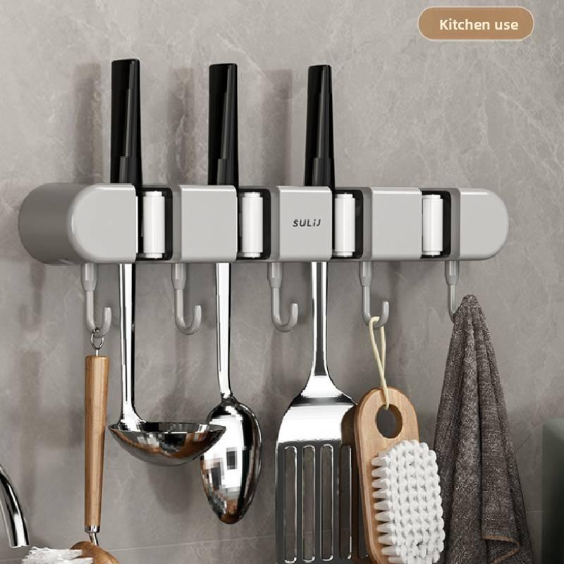 Modern Minimalist Abs Bathroom Wall Mount Mop Holder With Strong Clips And Hooks For Home Organization