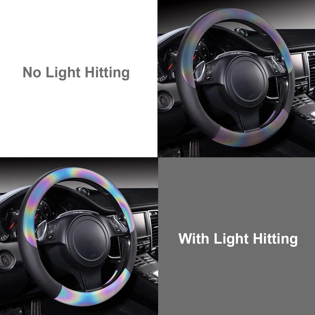 CAR-GRAND Chameleon Iridescent Reflective PU Leather Steering Wheel Cover,15Inch Universal Fit For 95% Suvs,Sedans,Vans,Trucks For Unique Cute Women