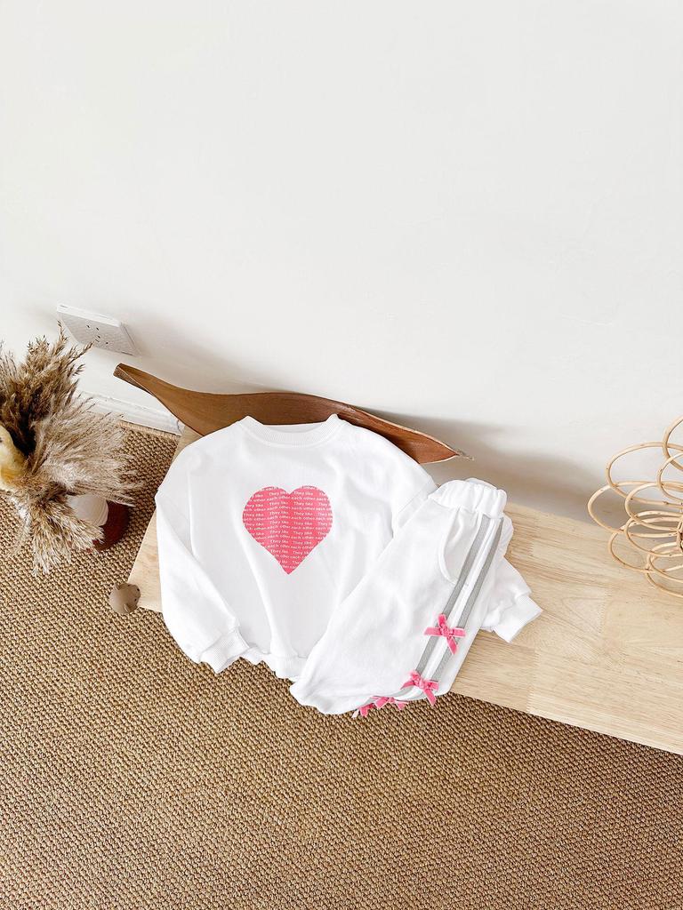 Children's Wear 2026 Spring/Autumn Heart Print Top & Bowknot Pants Girls' Set