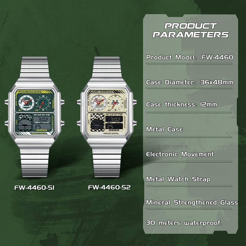 MARK FAIRWHALE Watches for Man 4460 Stainless Steel Trend Square Dial Multifunctional Alarm Clock Luminous Waterproof Men Watch
