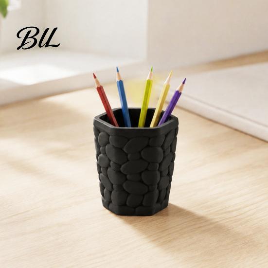3D Printed Desk Accessories Pebble Texture Pen Holder, Hexagonal Desktop Organizer, Stable Anti-Tip Minimalist Pencil Holder for Vanity PLA