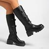 NEW  Autumn platform cowhide Riding boots Pull-on Chunky heels Belt buckle Knee high boots Large size Women's Boots