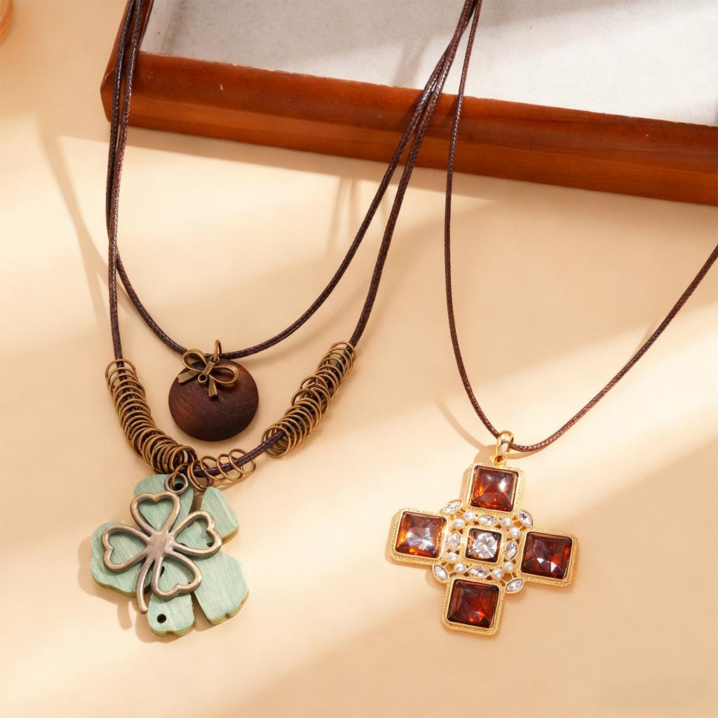 Resin Leather Flower Cross Adjustable Pendant Sweater Chain Vacation Style Vintage Necklace