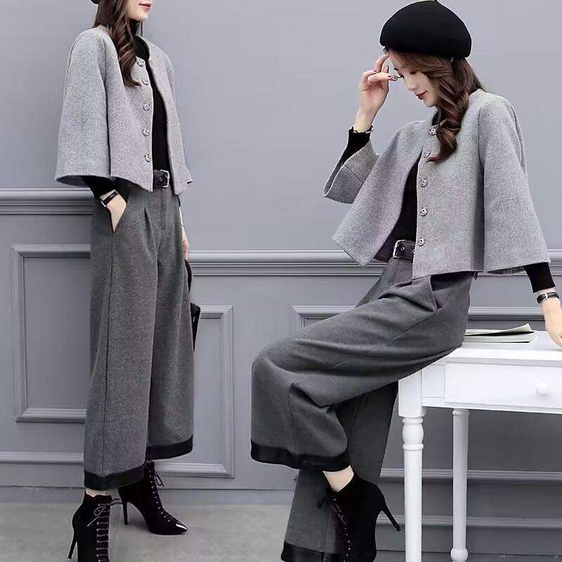 2025 Women's Plus Size Woolen Two-Piece Suit: Short Coat & Wide Leg Pants for Autumn/Winter Fashion.