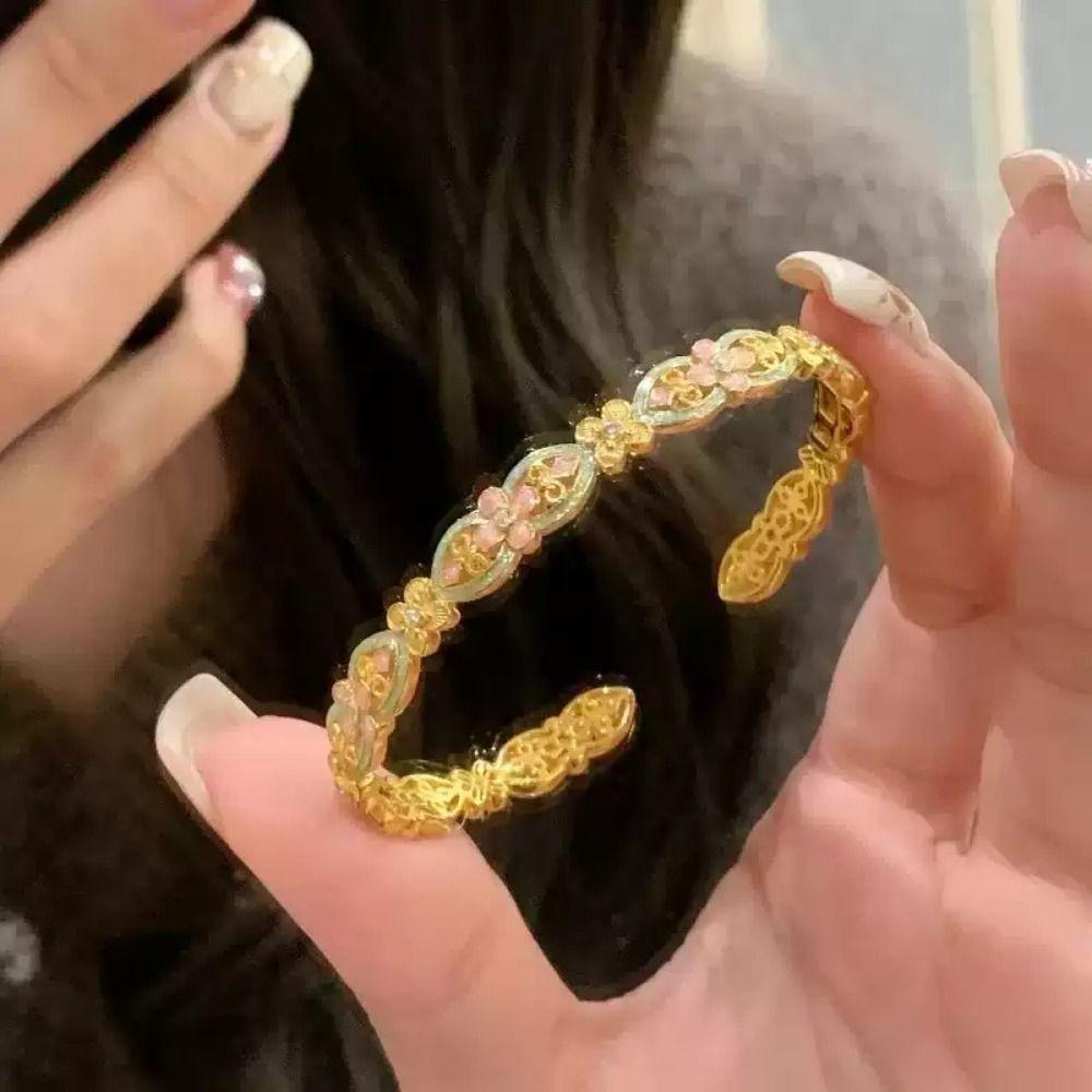 Handicraft Enamel Glazed Bracelet Gold Opening Bracelet Elegant New Chinese Style Bangle  Party