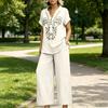 Dames Losvallend Linnen Tweedelig Set Geborduurd Top met Korte Mouwen en Wijde Pijpen Broek Casual Outfit voor Dagelijks Gebruik