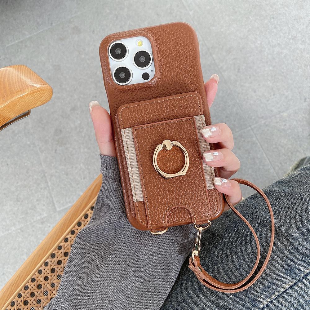 For iPhone 16 Pro Max Case Card Slots Kickstand PU Leather Back Cover with Ring Holder,Wrist Strap