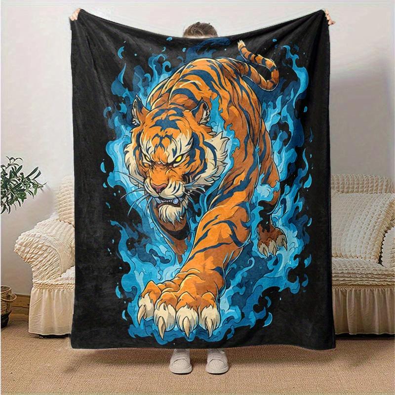 1pc Blue Flame Tiger Blanket Soft and Warm Home Decor Gift for All Seasons Perfect for Couch, Living Room, Travel, Camping, Car Blankets