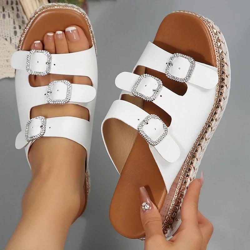 Fashion Fashion Women Shoes Summer White Pu Leather Platform Sandals Women Crystal Buckle Thick Bottom Slippers Women Wedge Heel Sandles