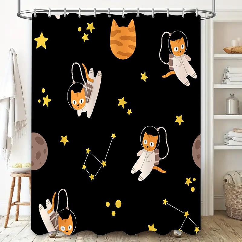 Space Cats Shower CurtainAstro Kitty Bathroom Decor with Black Background, Stars, Constellations Cosmic Design Perfect Gift for