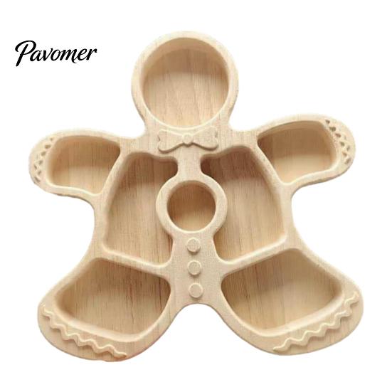 Solid Wood Fruit Bowls Wooden Christmas Divided Tray, Gingerbread Man Santa Xmas Tree Compartment Snack Rustic Kitchen Table Decor Platter,