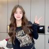 Women's Plus Size Retro American Letter Print Slimming Long Sleeve Cropped T-shirt for Spring/Autumn