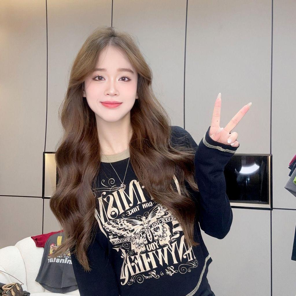 Women's Plus Size Retro American Letter Print Slimming Long Sleeve Cropped T-shirt for Spring/Autumn