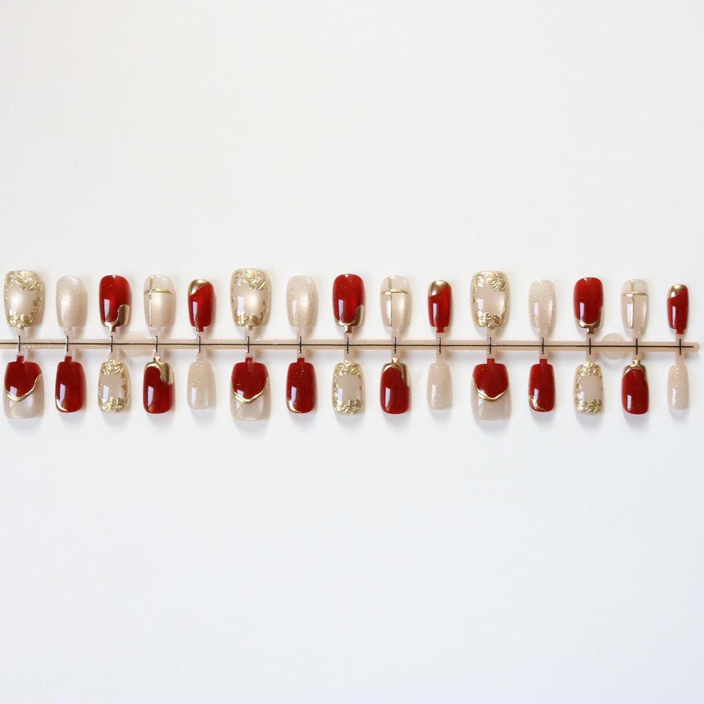 New Year Ruby Cat's Eye Ice Translucent Nails with Gold Flower Design