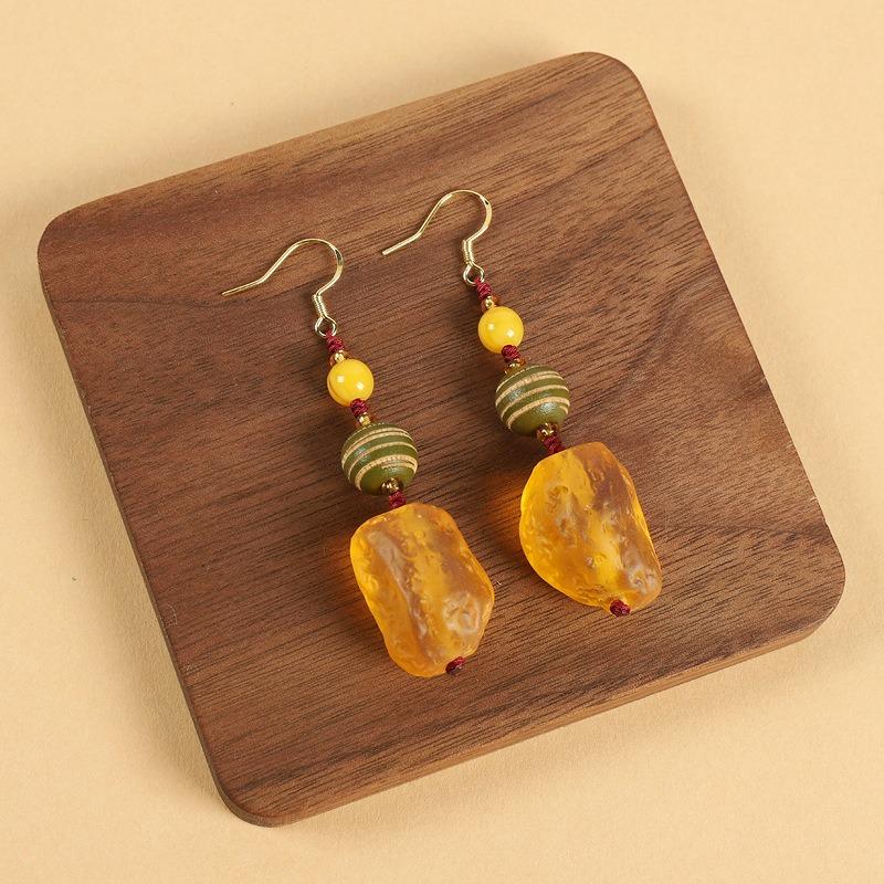 Niche design beeswax earrings retro long literary temperament women's antique cheongsam simple Tibetan earrings
