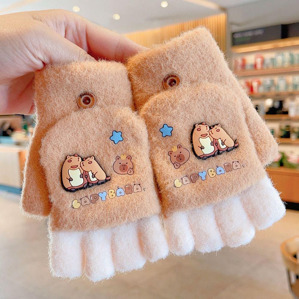 Cold-Proof Capybara Winter Flip Gloves Thickened Kids Knitted Mitten Half Finger Gloves Writing