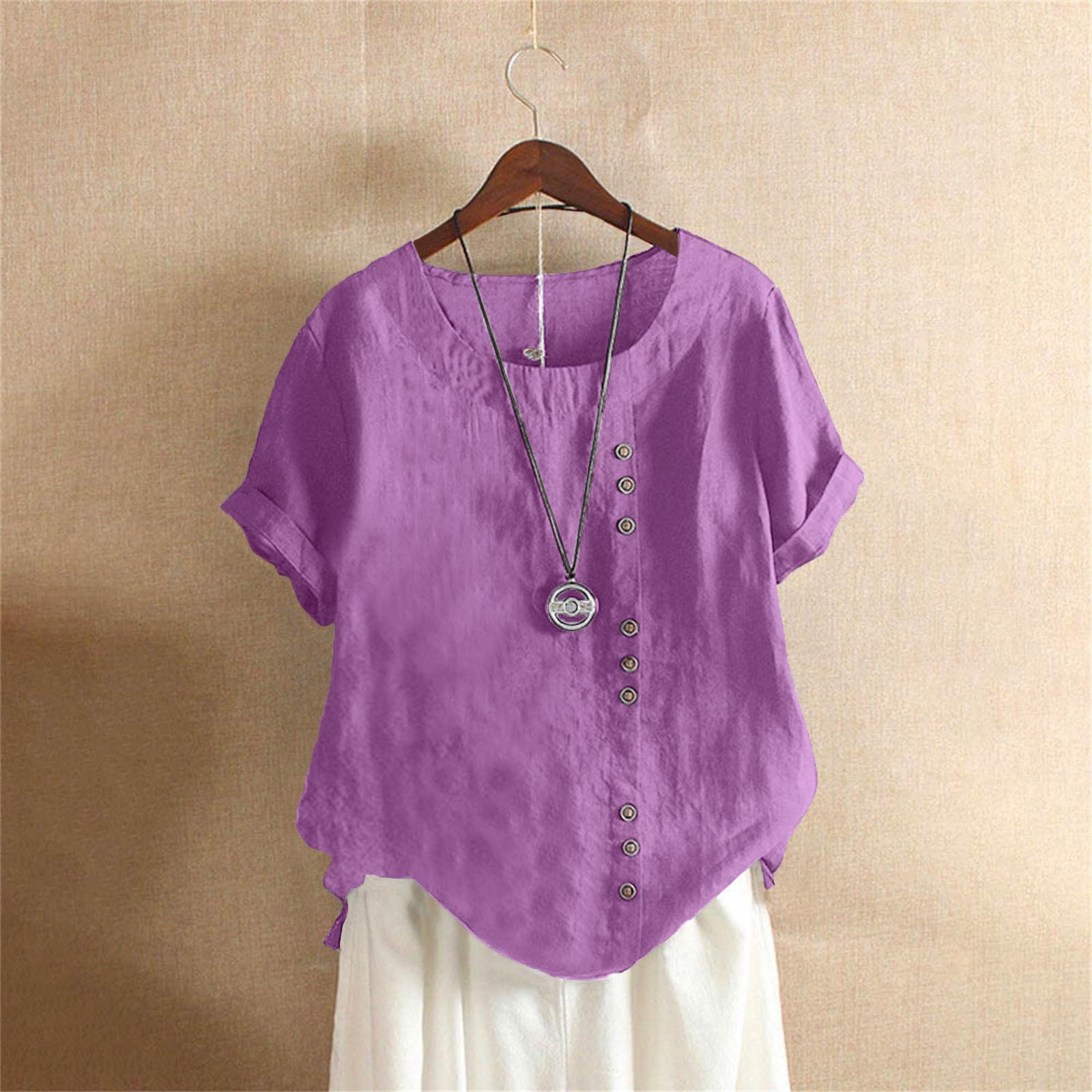 

Summer Women s Plus Size Shirt O-neck Cotton and Linen Loose Casual Ethnic Style Elegant Casual White Pink Top for Women XS світло-фіолетового кольору