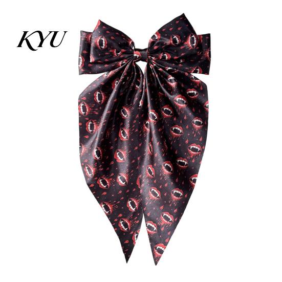 Trendy Satin Hair Bows Large Halloween for Women Girls, Vintage Ribbon Barrette Clips with Long Non-slip Spring Tails, Ghost/Pumpkin/Blood Mouth Print