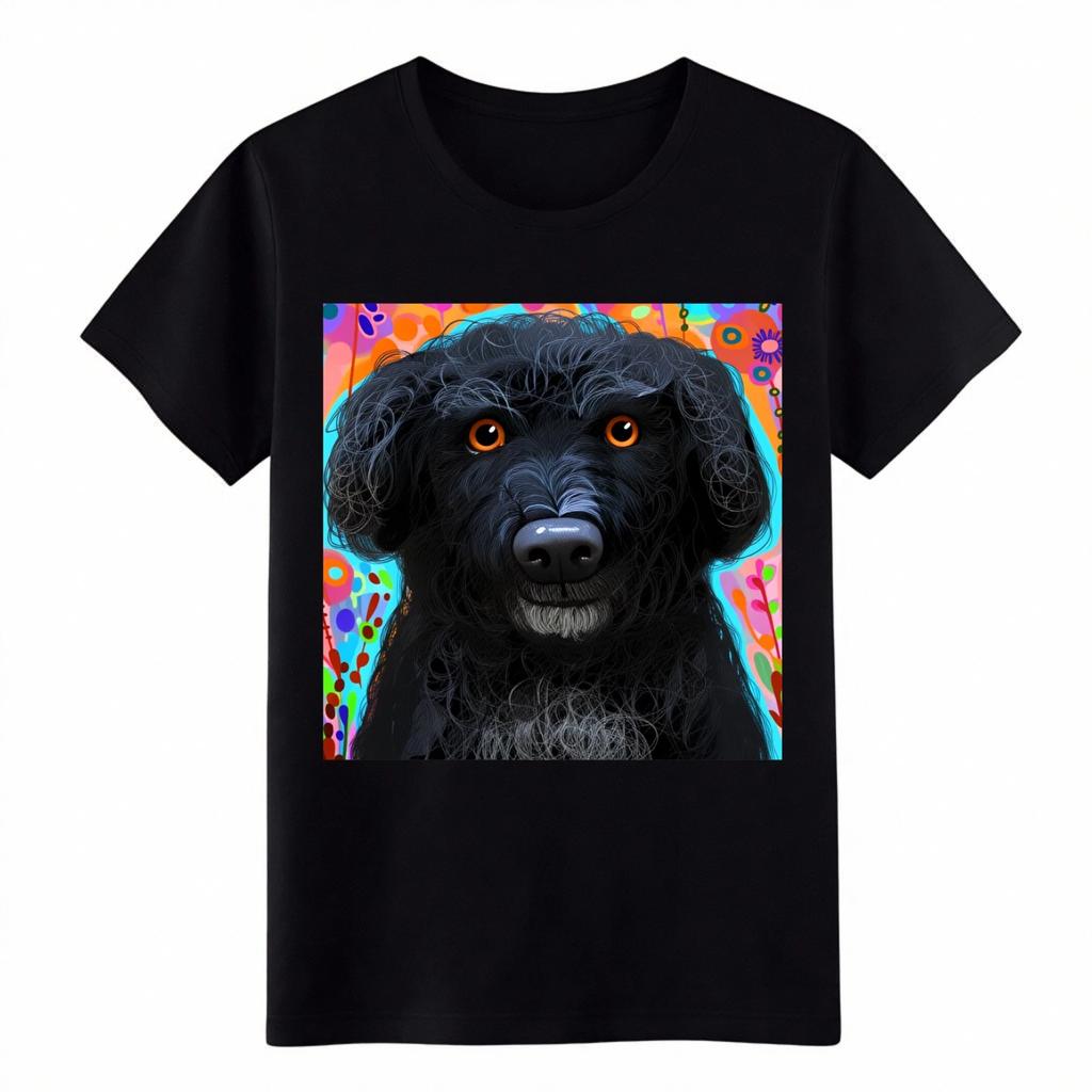 Vibrant Black Dog Art T-Shirt,Floral Background, Casual Graphic Tee for WomenMen