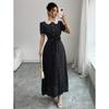 European and American Elegant Doll Collar Printed Lace Splicing Waist Strap Slim Long Dress Women