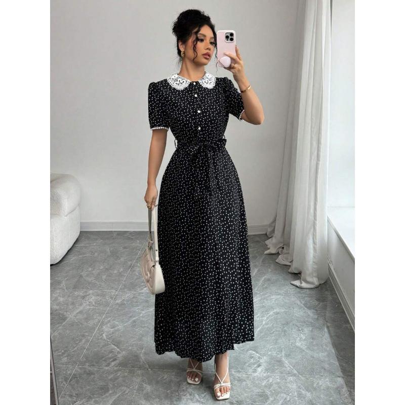 Europe, America 2026 summer new sweet age-reducing doll collar simple fashion short-sleeved dress women S чёрный