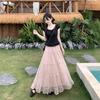 Women's Pink Polka Dot Mesh A-Line Skirt Set: High-Waisted, Slimming, Long Skirt for Early Summer.