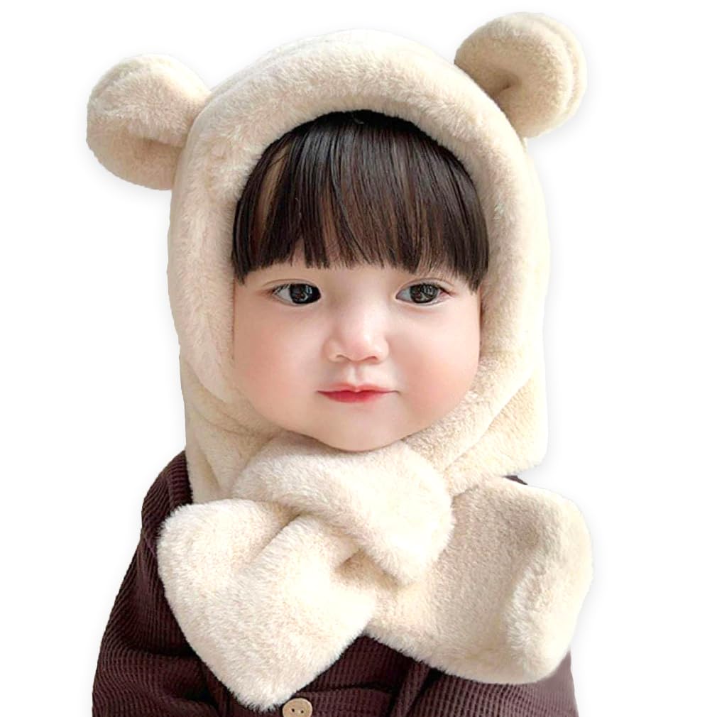 

KAKELO KAKELO Winter Fur Knit Hat with Fluffy Bear Animal Design for Babies and Kids Hat, Scarf, Ears, (Natural)