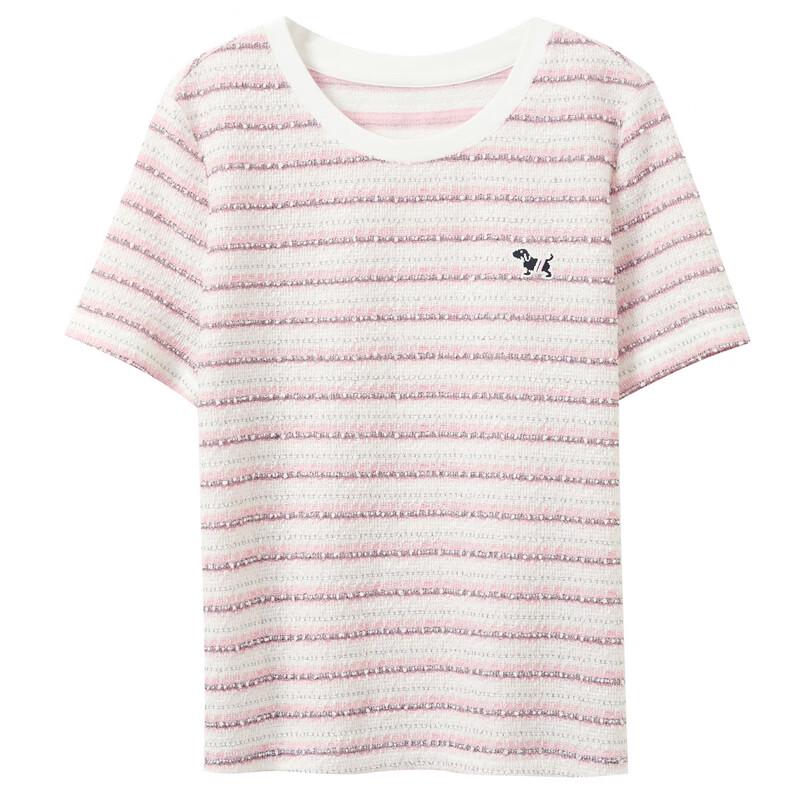 Sancai Women's Textured Striped Embroidered Short Sleeve T-Shirt