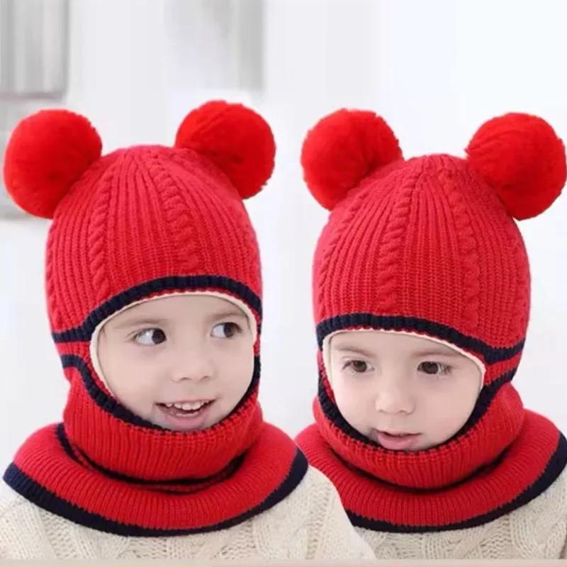 Autumn Winter New Newborn Baby Knitting Warm Scarf Cap Boy Girl Infant Solid Fashion Pullover Hat Kid Windproof Earmuffs Caps красный