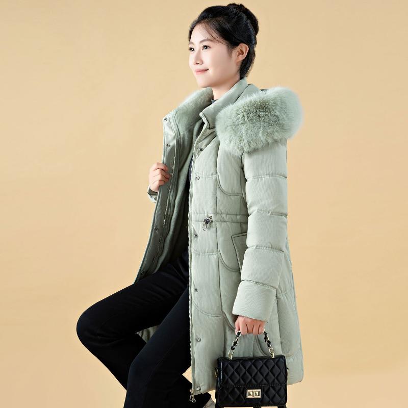 0 waist big fur collar medium and long cotton-padded clothes for women with fleece and thin cotton clothes down jacket