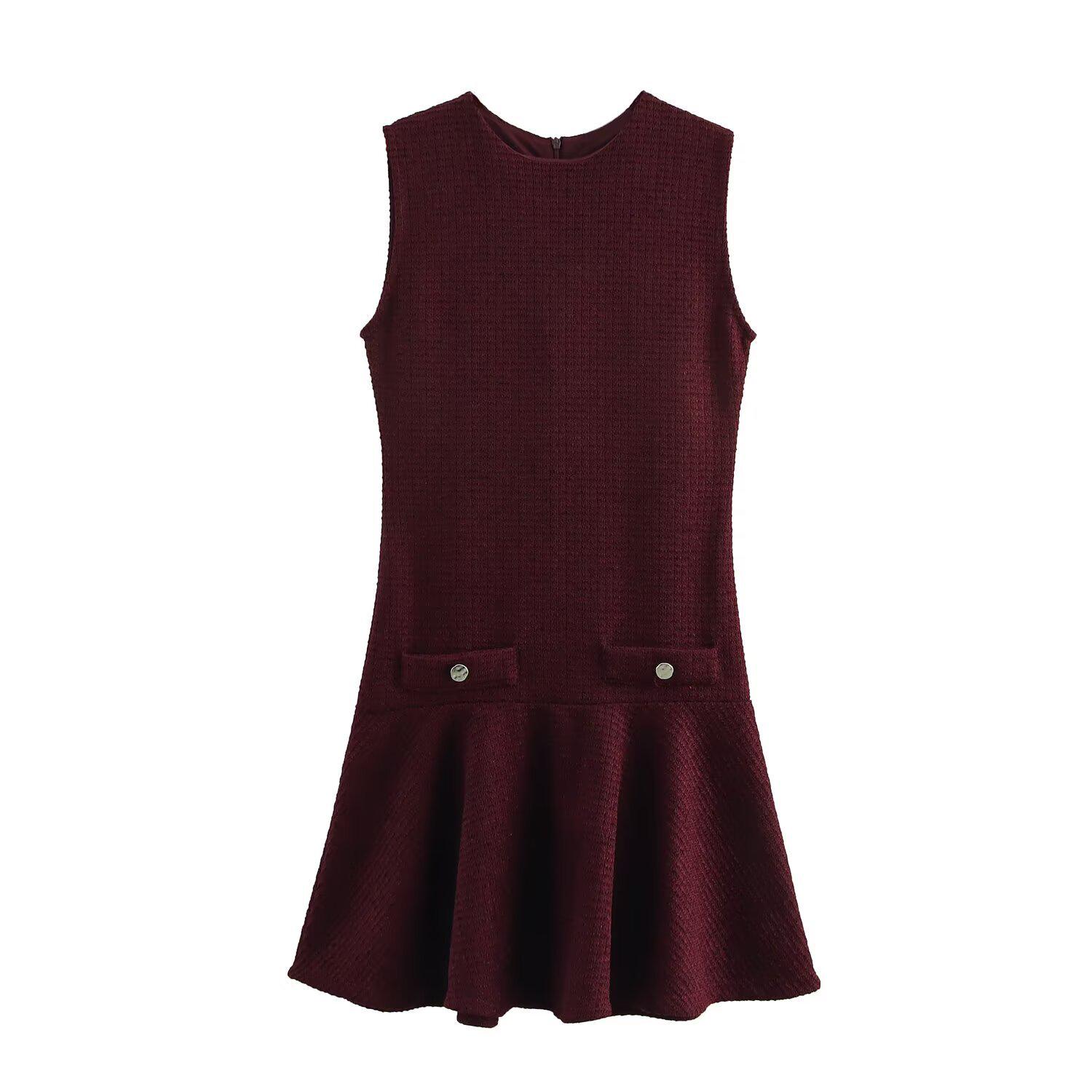 

Весна 2025 Женское текстурированное платье без рукавов с круглым вырезом - Европейский и американский стиль M вино красного