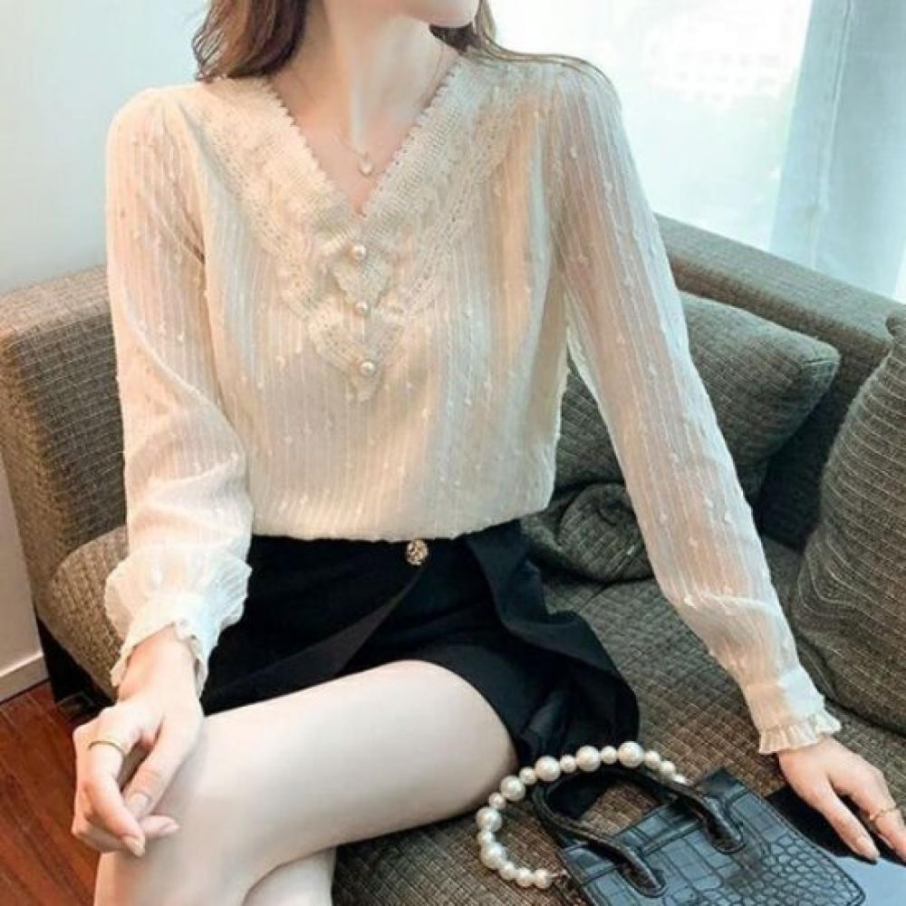NaVaVa Women LoVely Pearl Lace V Neck Long sleeVe Blouse Nb3004
