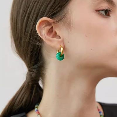 Agate Jade Titanium Steel Hoop Earrings - Minimalist Design with Safety Buckle