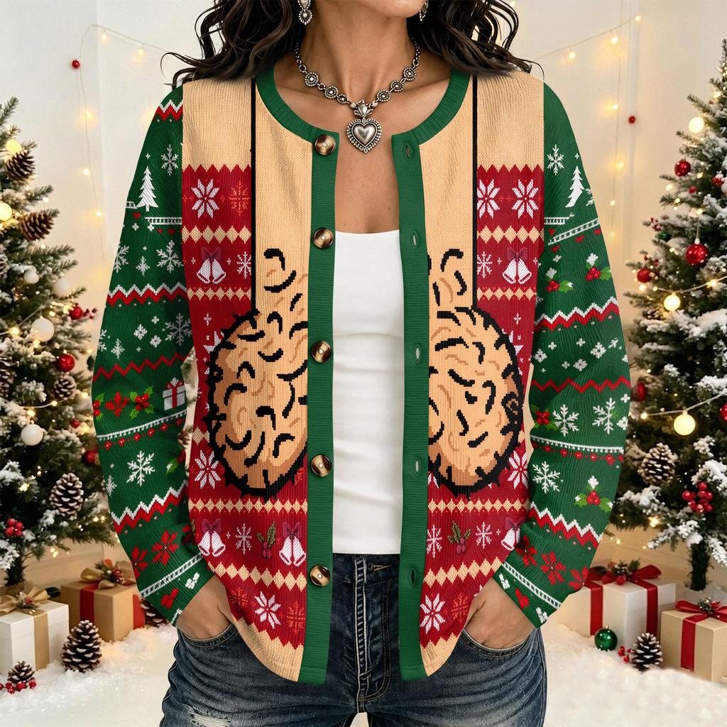 Women's Long Sleeve Christmas Print Cardigan Sweater, Casual Open Front Outerwear for Holiday