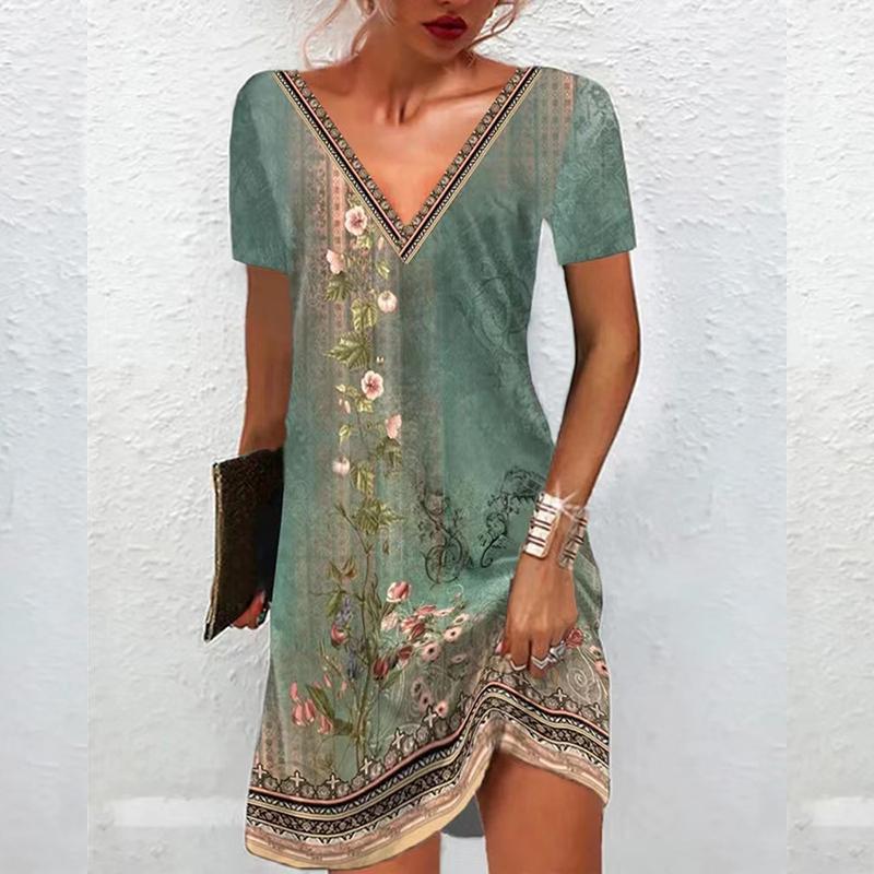 

Летняя женская юбка с принтом в винтажном стиле с v-образным вырезом и свободной талией 3XL зелёный