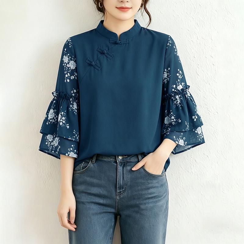 ZANZEA Women Casual Stand Collar Loose Print Splice 3/4 Sleeve Blouse M